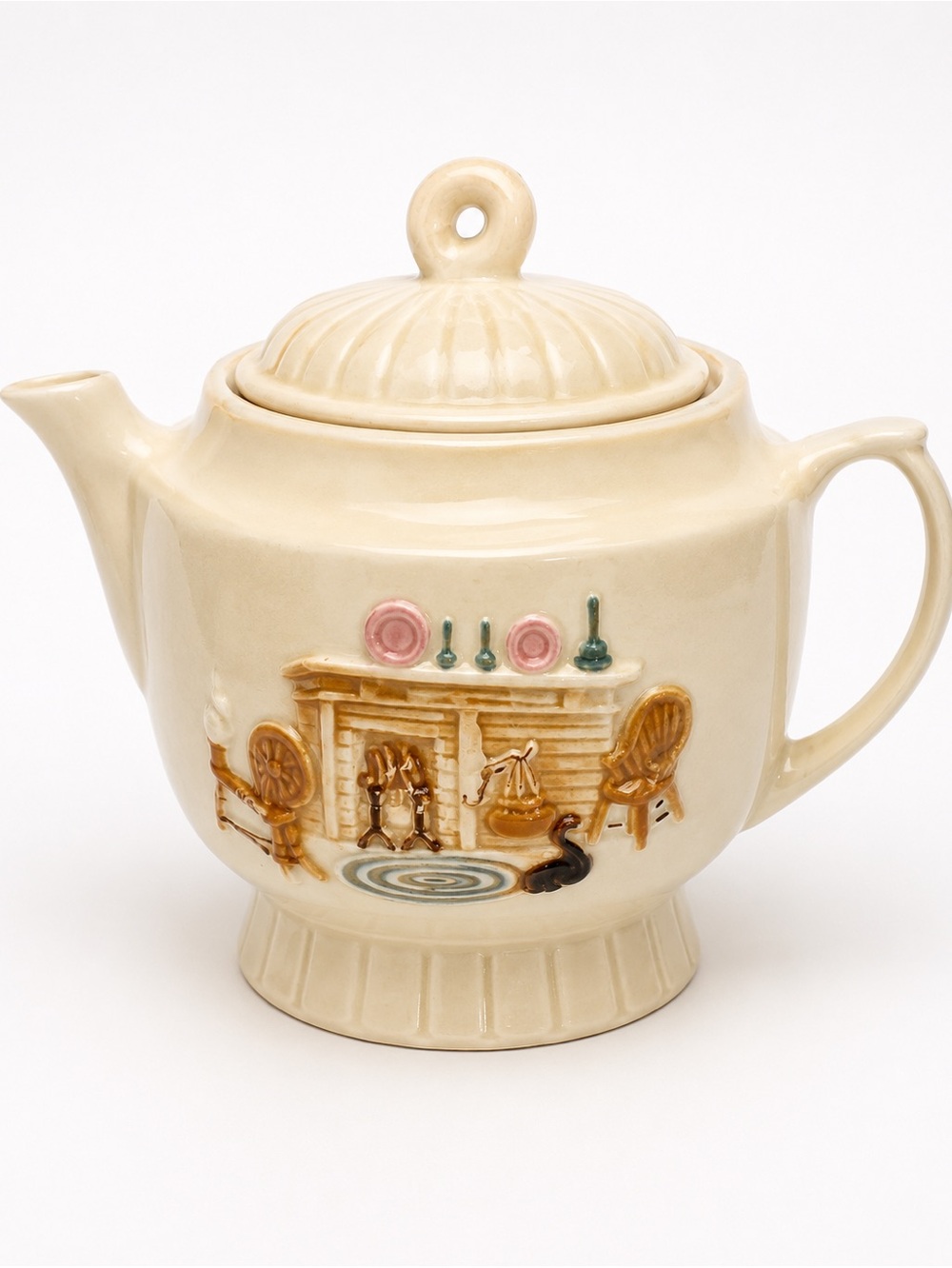 Vintage Country Cottage Fireplace Ceramic Teapot w/Lid Farmhouse Kitchen Decor